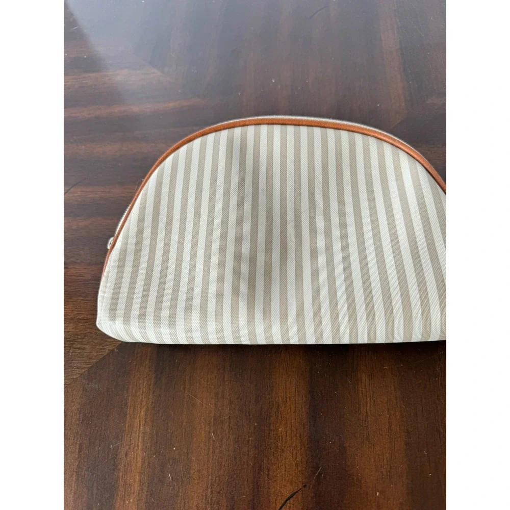 Vintage Tan‎ White Striped Cosmetic Bag Toiletry Pouch Leather Logo Patch